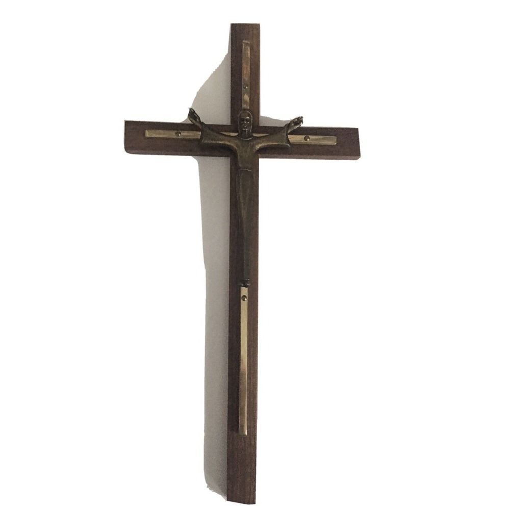 Mid Century Modern Modernist Crucifix Wall Cross-Wood &‎ Brass Cross